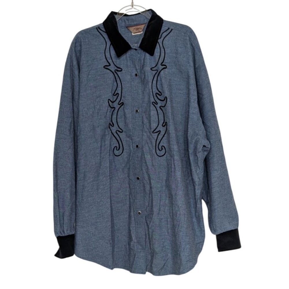 Roper Embroidered Western Shirt Womens Size 2X Blue Button Velour Collar Cuff